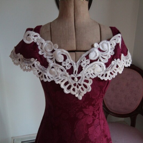 1980's Scott McClintock Burgundy Brocade Evening Gown Dress with Lace Collar - Picture 2 of 8